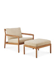The Ethnicraft Jack Outdoor Footstool in teak with natural outdoor-grade cushions is shown with a matching lounge chair, both featuring FSC certified teak frames and beige cushions against a white background.