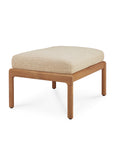 The Ethnicraft Jack Outdoor Footstool features a minimalist rectangular design with a light FSC Certified Teak frame and a beige cushioned top—ideal for pairing with your outdoor lounge chair.