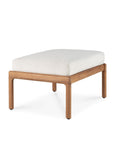 The Ethnicraft Jack Outdoor Footstool features an off-white cushioned top and a sturdy Grade A Teak rectangular frame with four straight legs, shown against a plain white background.