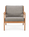 The Ethnicraft Jack Outdoor Lounge Chair – Teak with Mocha features a modern teak frame in light brown, straight arms, and thick mocha cushions. Shown from the front on a white background, it’s perfect for your outdoor lounge space.