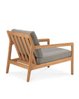 The Ethnicraft Jack Outdoor Lounge Chair - Teak with Mocha features a modern teak frame, angled backrest, and thick gray upholstered cushions. Shown against a plain white background.