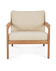 The Ethnicraft Jack Outdoor Lounge Chair - Teak with Natural features Grade A teak, light beige cushions, and a minimalist design with clean lines, shown against a plain white background.