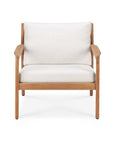 The Ethnicraft Jack Outdoor Lounge Chair features durable teak construction and angled armrests, with off white upholstery on the seat and back, offering clean lines for a modern outdoor lounge, shown against a white background.