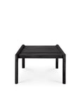 The Ethnicraft Jack Outdoor Side Table in black teak features a modern, minimalist design with a rectangular shape and thick cylindrical legs, displayed against a plain white background.