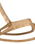 The Las Palmas Rocker by Noir Trading Inc. is a modern wooden rattan rocker with a woven seat and backrest, featuring curved wooden rockers and an angular minimalist frame for contemporary style.