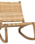 The Las Palmas Rocker by Noir Trading Inc. is a handcrafted wooden rocking chair with a teak frame, woven rattan seat and backrest, curved legs, and a minimalist modern design—an elegant addition to any space.