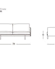 Line drawing of a modern, customizable two-seat Pensive Sofa | Leather by Wooden Stories, labeled "Pensive 180 Frame," with dimensions: width 71", depth 34", height 30", seat height 16". SOBO Oakland logo in the bottom right corner.