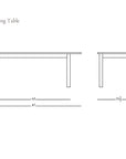 Line drawing of the Itamae Dining Table | Light Oak by Wooden Stories—a solid oak table with Scandinavian design—front and side views, dimensions: 87" W x 35.5" D x 29" H. Simple, minimalistic aesthetic with logo at bottom right.
