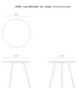Line drawings of the Luna Coffee Table - Whiskey by Ethnicraft, with labeled dimensions: 19.7 diameter, 17.7 height (upper surface), 16.9 under table, and a 0.8 thick top. Brand: Ethnicraft.