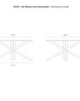 Line drawings show the Ethnicraft Mikado Dining Table Round - Oak from front and side, with dimensions in inches: width 59.1, depth 57.7, height 30.0, tabletop thickness 1.0, and leg height 28.9.