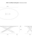 Technical drawing of the Ethnicraft Mikado Meeting Table - Oak, showing its oval top and crossed legs from top, front, and side views, with detailed dimensions in inches highlighting Ethnicraft’s signature design.