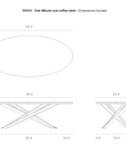 Line drawing of the Ethnicraft Mikado Coffee Table Oval - Oak, showing top and side views, angled intersecting leg base, and dimensions in inches (56.3L x 26.4W x 16.5H).