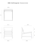Technical drawing of the Ethnicraft N2 Lounge Chair - Oak with front, side, and top views, illustrating classic European design and providing dimensions in inches for height, width, and depth of key parts.