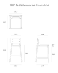 Line drawings display the front, top, and side views of the Ethnicraft N3 Counter Stool - Oak, featuring labeled dimensions in inches for seat height, width, and backrest height.
