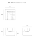 Line drawings of the Ethnicraft N701 Modular Sofa - Ecru (Eco Fabric), showing top, front, and side views. The stain-resistant sofa measures 35.8" W x 35.8" D x 30" H with a seat height of 17".