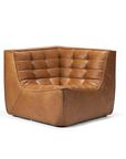 The Ethnicraft N701 Sectional Sofa - Old Saddle is a modern brown leather corner chair with tufted cushions and a low, boxy design in genuine full aniline leather, displayed against a plain white background.