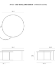 Line drawing with top and side views shows dimensions of the Ethnicraft Nesting Coffee Table Clear - Set of 2: large table—36.2 diameter, 16.1 high; small table—24.0 diameter, 14.2 high, reflecting classic European refinement.