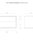 Technical drawing of the Ethnicraft Nordic II Bedside Table in solid European oak, displaying front and side views with dimensions in inches: width 22.4, height 14.6, depth 15.7, plus shelving details.