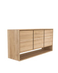 The Ethnicraft Nordic Sideboard - 3 door features light European oak, three cabinet doors, a lower open shelf, minimalist rectangular design, clean lines, and natural wood grain texture.
