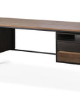 The Oscar Desk - Teak with 2 Drawers by Ethnicraft features a light teak desktop, dark frame, open shelves, slim metal legs, and drawers on both sides for a modern European look.