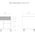 Line drawings of the Ethnicraft Oscar Drawer Unit, showing front and side views. Dimensions are marked: 25.5″ tall, 19.7″ wide (front), and 22″ deep (side), with detailed compartment and wheel heights—perfect for stylish office storage solutions.