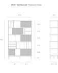 Line drawing of the Oscar Rack - Teak shelving unit by Ethnicraft, displaying front and side views with dimensions in inches: 76.8 tall, 47.2 wide, and shelves with varying heights and layouts.