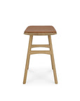 The Ethnicraft Osso Dining Stool features a solid oak frame with four legs, a rectangular brown leather seat, and two horizontal supports, showcasing European design. The stool is shown from the front against a white background.