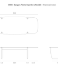 Line drawings show the top, side, and front views of the Ethnicraft PI Coffee Table - Mahogany with rounded edges. Dimensions in inches are labeled: 61 (L) x 22.8 (W) x 15 (H).
