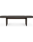 The Ethnicraft PI Coffee Table in solid mahogany features a modern design with rounded edges and two wide vertical supports, shown against a white background.