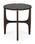 The Ethnicraft PI Side Table - Mahogany features three legs, a clover-shaped top, and smooth, curved lines for a minimalist modern look.