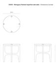 Line drawing displays top, front, and side views of the Ethnicraft PI Side Table - Mahogany with irregular edges. Dimensions: 18.5 diameter x 19.7 height; thicknesses: 0.8, 1.2, and 9.4. Ethnicraft logo appears top left.