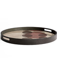 The Ethnicraft Pinot Layered Dots Glass Tray - Round / Small is a dark wood tray with cutout handles and a glass top featuring an abstract beige and brown dot design from the Tray Collection.