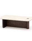 The Wooden Stories Pivot Coffee Table | Rectangular features a modern design with a light smooth top, dark solid wood base, rounded edges, thick side support panel, and a small circular accent on the tabletop.