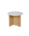 The Pivot Side Table | Light Oak - Stone Top by Wooden Stories features a white stone top, light oak base, and a small wooden inlay. CONTRACT GRADE durability ensures lasting style for any space.