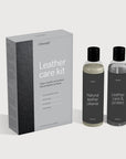 The Ethnicraft Leather Care Kit, shown next to bottles of Natural Leather Cleaner and Leather Care & Protect Cream, is designed to clean, nourish, and protect natural leather surfaces.