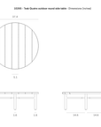 A technical drawing of the Ethnicraft Quatro Outdoor Coffee Table - Teak, showing top and side views with height, width, and diameter dimensions in inches.