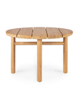 The Ethnicraft Quatro Outdoor Coffee Table - Teak features a round slatted top and four thick, cylindrical legs, displayed against a white background.