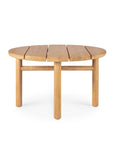 The Ethnicraft Quatro Outdoor Side Table 23.5 in Grade A teak features a round, slatted top, four cylindrical legs, and a natural light wood finish.