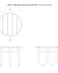 Line drawing of the Ethnicraft Quatro Outdoor Side Table 23.5 – Teak, showing diameter (23.5) and height (15); side views detail leg spacing and thickness. Crafted from Grade A teak, labeled Ethnicraft 10263.