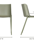 The Silla Outdoor Dining Chair by Moes, sold as a set of 2, features a modern green design (31.0H x 18.5W front view; seat depth 17.0, overall depth 20.5) and weather-resistant powder-coated steel legs for outdoor dining.