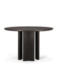 The Ethnicraft Roller Max Round Dining Table in dark mahogany features a smooth top and four fluted legs, all crafted from solid wood, shown against a plain white background.
