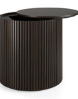 The Ethnicraft Roller Max Round Side Table in mahogany features vertical grooves, a partially open removable lid, and convenient internal storage.
