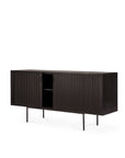 The Roller Max Sideboard - 66 by Ethnicraft features a modern black design with vertical grooves on sliding doors, open center shelving, and slender metal legs, shown against a plain white background.