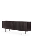 The Ethnicraft Roller Max Sideboard - 88 features a modern, minimalist design in dark wood, with vertical grooves on sliding doors, a sturdy teak body, and slender black metal legs, set against a plain white background.