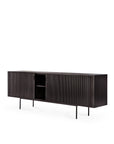The Ethnicraft Roller Max Sideboard - 88 features a modern teak body with vertical grooves on two sliding doors, open central shelves with adjustable shelving, and slim black metal legs, set against a white background.