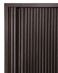 Close-up of the Ethnicraft Roller Max Sideboard - 88, featuring dark brown wooden panels with vertical, evenly spaced grooves and ridges for a textured, linear look.