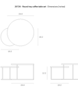 Line drawings show three views (top and side) of the Ethnicraft Tray Coffee Table - Set of 2. Dimensions are labeled 24.4, 19.2, 15.0, and 12.2; design features overlapping round and rectangular shapes.
