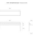 Line drawing of the Ethnicraft Spindle Bench - Black Oak in European oak, shown from front, top, and side views. Dimensions (in inches): 59.1 W x 13.8 D x 23.6 H with detailed individual part measurements labeled.