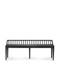 The Ethnicraft Spindle Bench - Black Oak, featuring a minimalist design with a slatted backrest and four legs, is showcased against a plain white background.