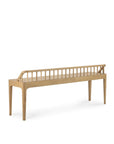 The Ethnicraft Spindle Bench - Oak features a minimalist design in solid European oak, with four legs, clean lines, a partial slatted backrest on one side, and a natural wood finish.